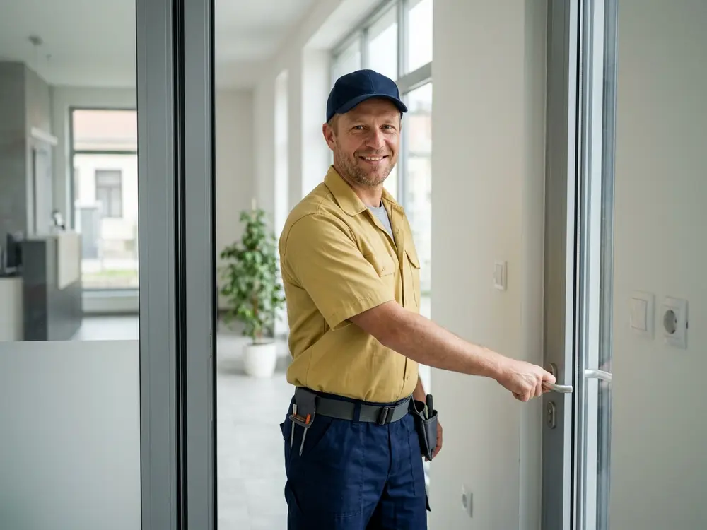 Mosolygó szerelő kilincset lenyomva nyit ajtót egy világos, modern épületben