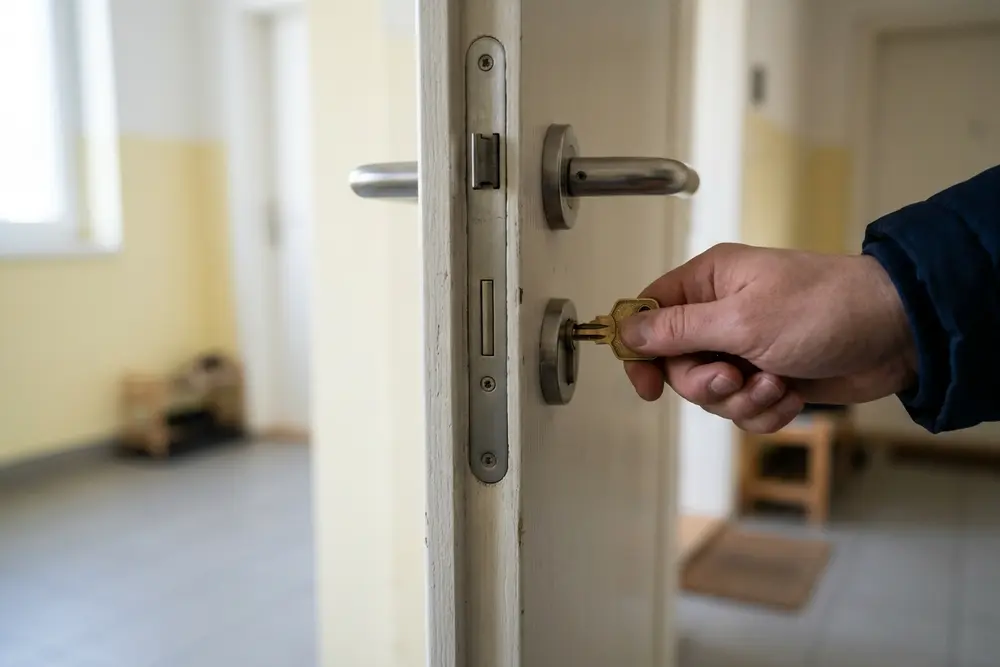 Kéz fordít egy sárgaréz kulcsot egy fehér ajtó acél zárbetétjében