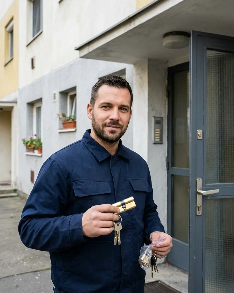 Sötét munkakabátos zárszerelő új zárhengereket és kulcsokat tart egy társasház előtt