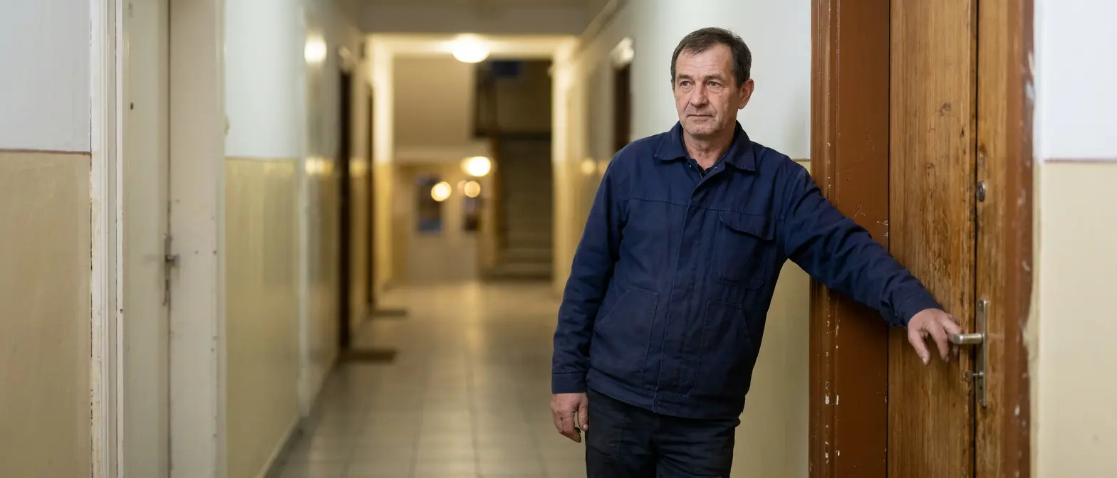 Munkakabátos zárszerelő alkonyatkor egy faajtó félfájának támaszkodik, a háttérben elmosódott lépcsőházi fények