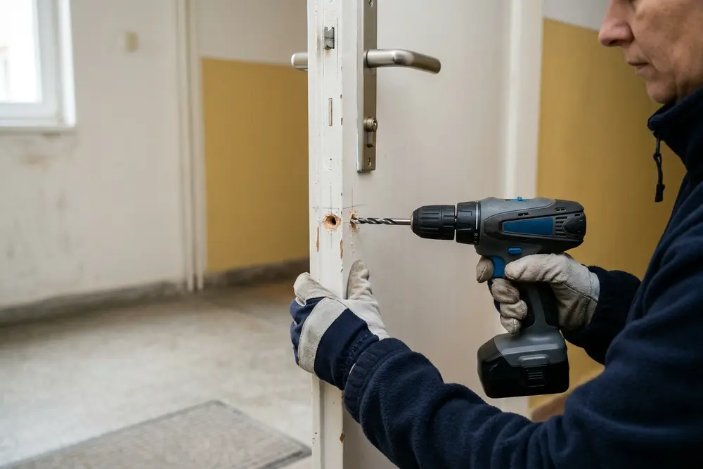 Szerelő előfúrja a fehér ajtó élét többpontos biztonsági zár beépítéséhez