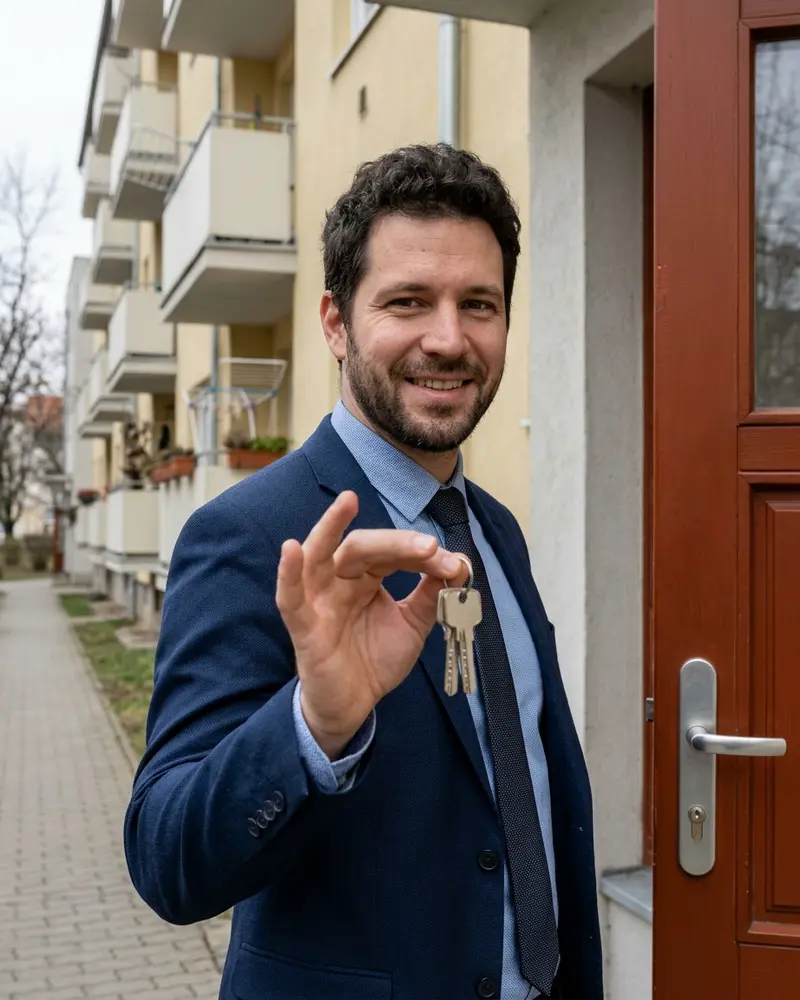 Mosolygó, öltönyös férfi az új ajtókulcsokat mutatja egy társasház előtt